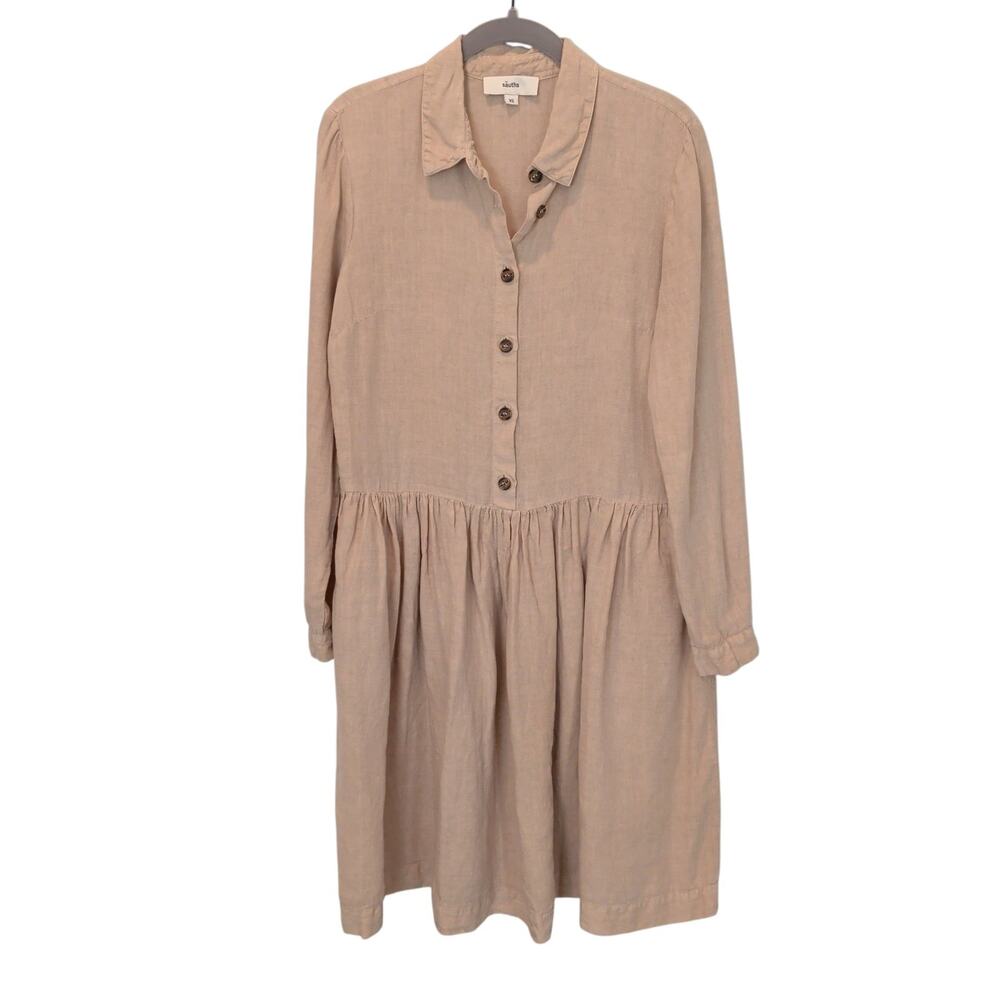 Sauths Women's Sz XS 100% Linen Evita Long Sleeve Shirt Dress Tan Lagenlook